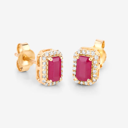 Ruby Earrings Diamond Halo 0.74 Carats 14K Yellow Gold