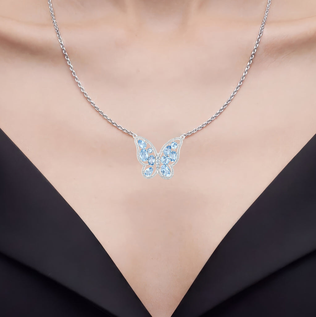 Swiss Blue Topaz Butterfly Necklace 5.4 Carats Sterling Silver