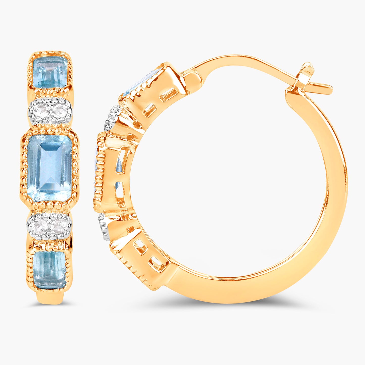 Blue Topaz Hoop Earrings 2.65 Carats Gold Plated Silver
