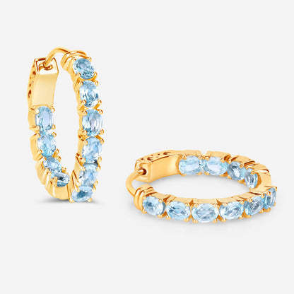 Blue Topaz Hoop Earrings 3.78 Carats Gold Plated Silver