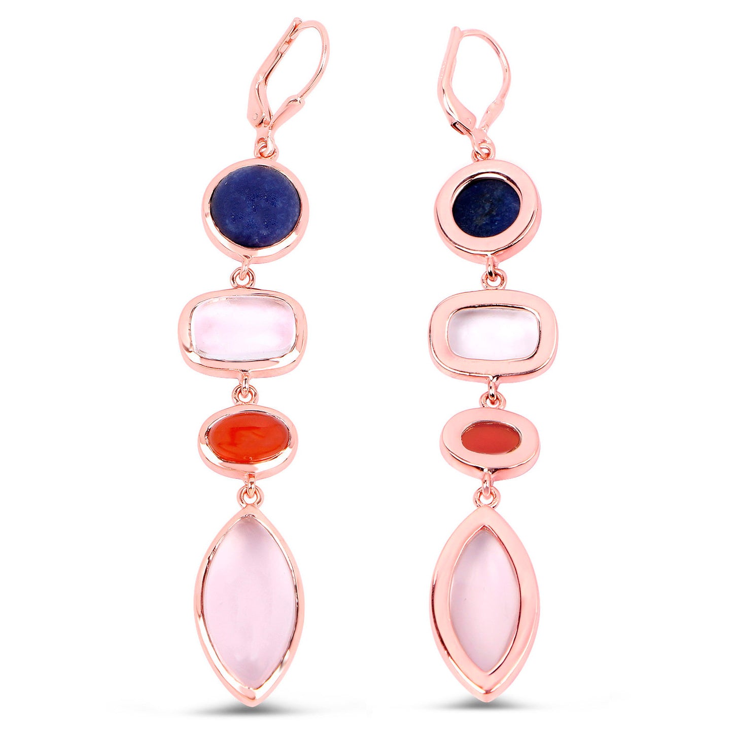 Aventurine Dangle Earrings Carnelian Rose Quartz 33 Carats Gold Plated Silver