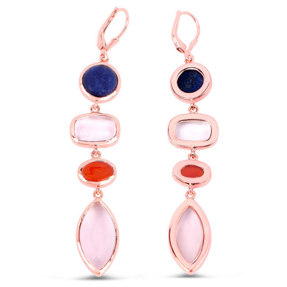 Aventurine Dangle Earrings Carnelian Rose Quartz 33 Carats Gold Plated Silver