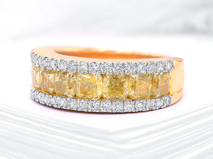 Fancy Yellow Diamond Half Eternity Band Ring 3.83 Carats 18K Yellow Gold