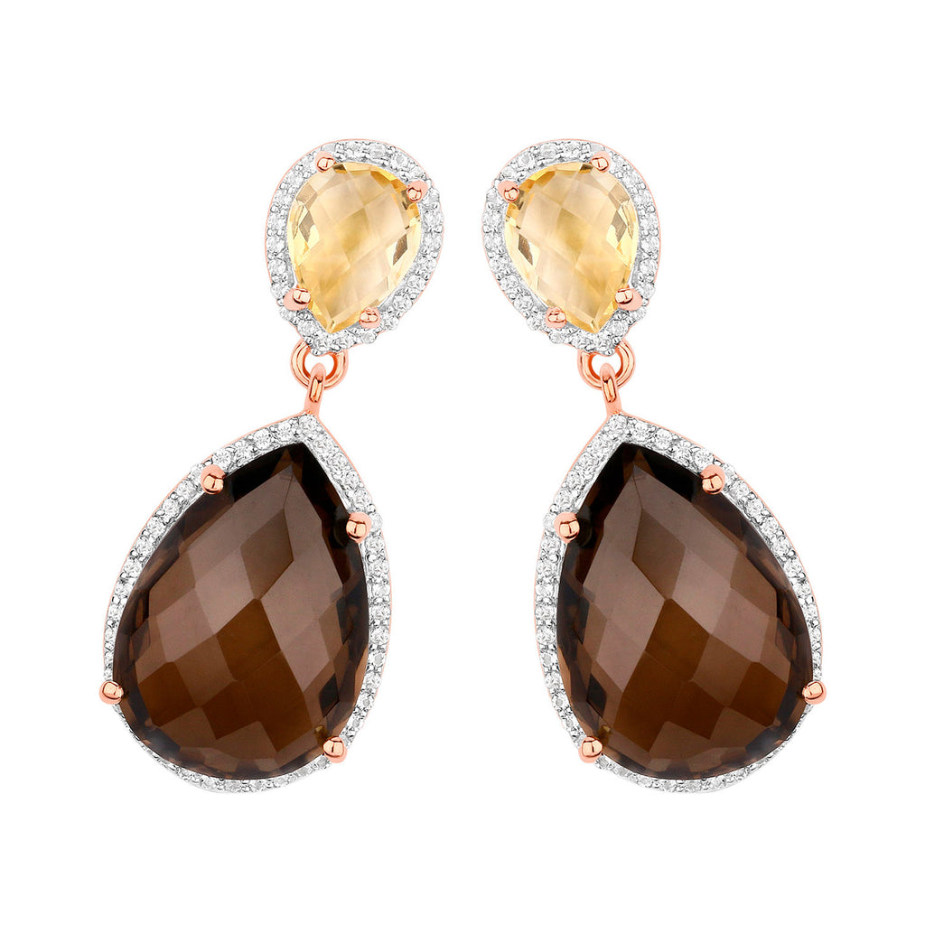 Smoky Quartz Dangle Earrings Citrine 20.7 Carats 18K Rose Gold Plated Silver