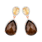 Smoky Quartz Dangle Earrings Citrine 20.7 Carats 18K Rose Gold Plated Silver
