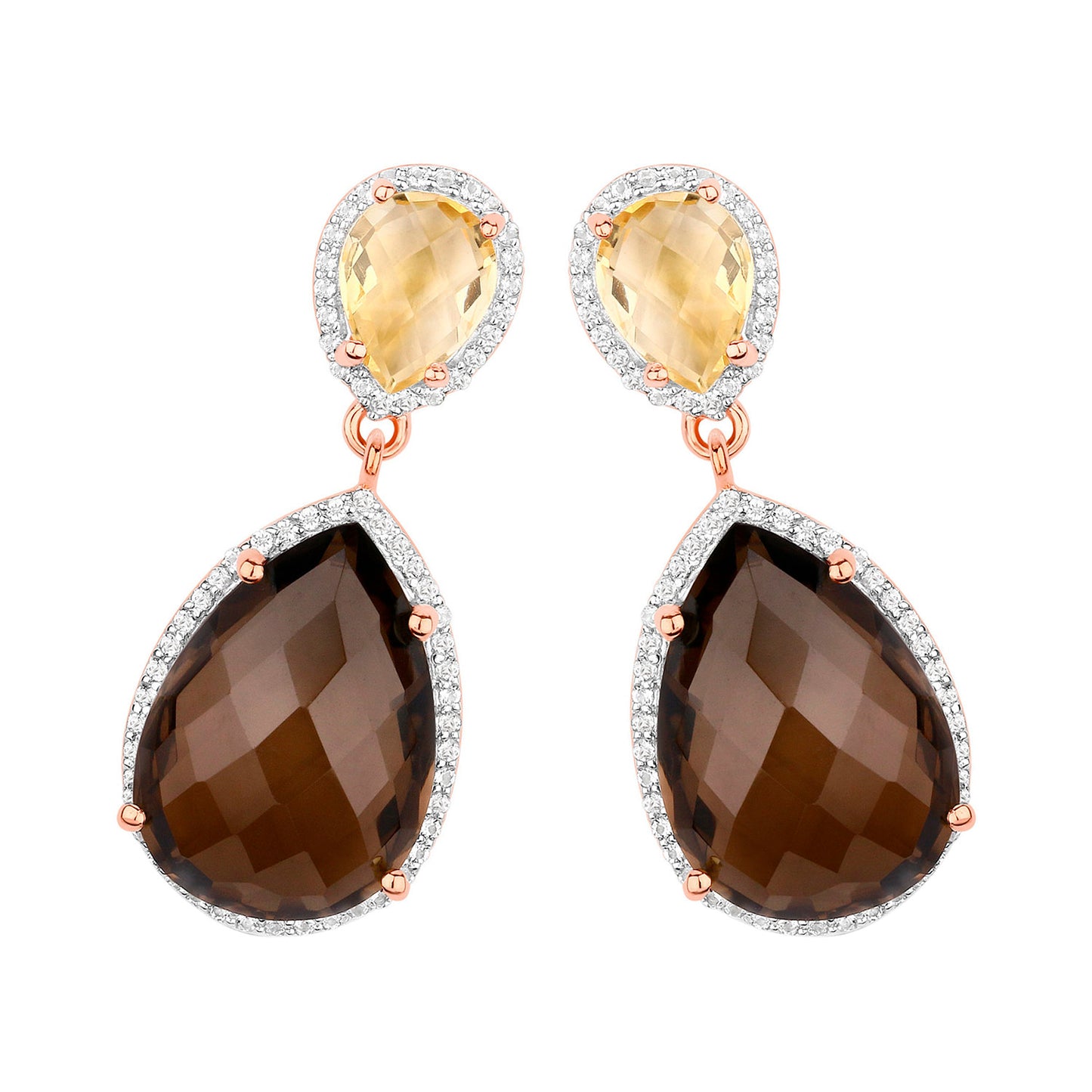 Smoky Quartz Dangle Earrings Citrine 20.7 Carats 18K Rose Gold Plated Silver