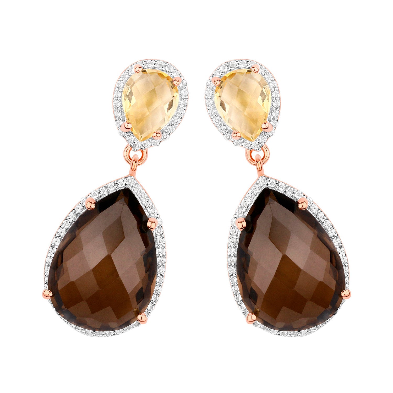 Smoky Quartz Dangle Earrings Citrine 20.7 Carats 18K Rose Gold Plated Silver