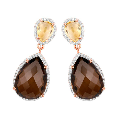 Smoky Quartz Dangle Earrings Citrine 20.7 Carats 18K Rose Gold Plated Silver