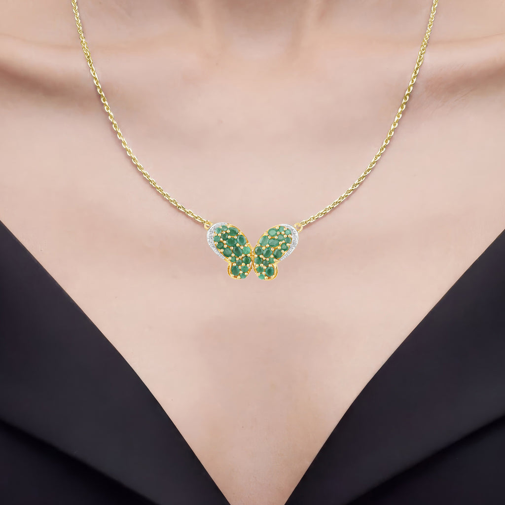 Emerald Butterfly Pendant With White Zircon 2.72 Carats Sterling Silver