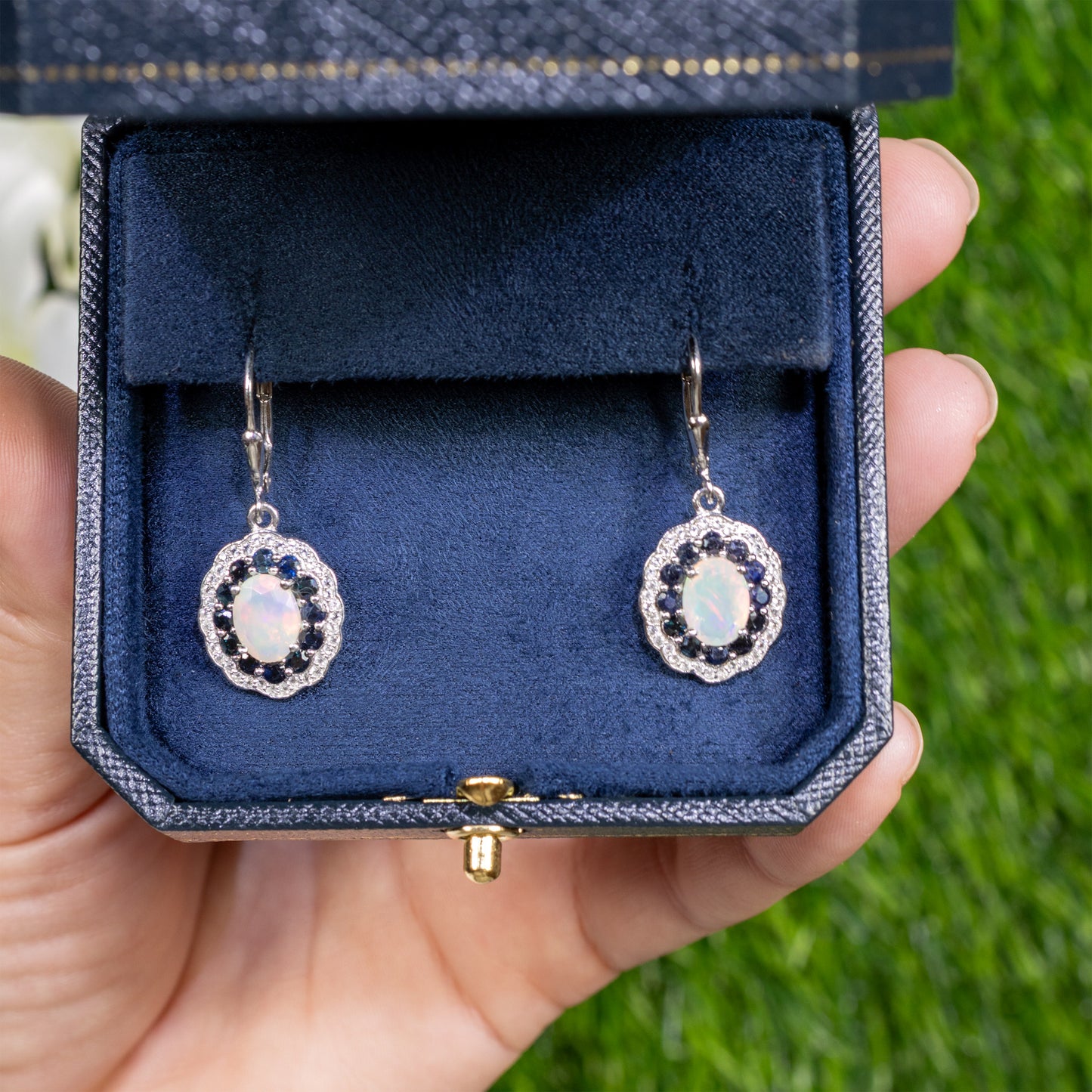 Ethiopian Opal Dangle Earrings Blue Sapphire 2.7 Carats Silver