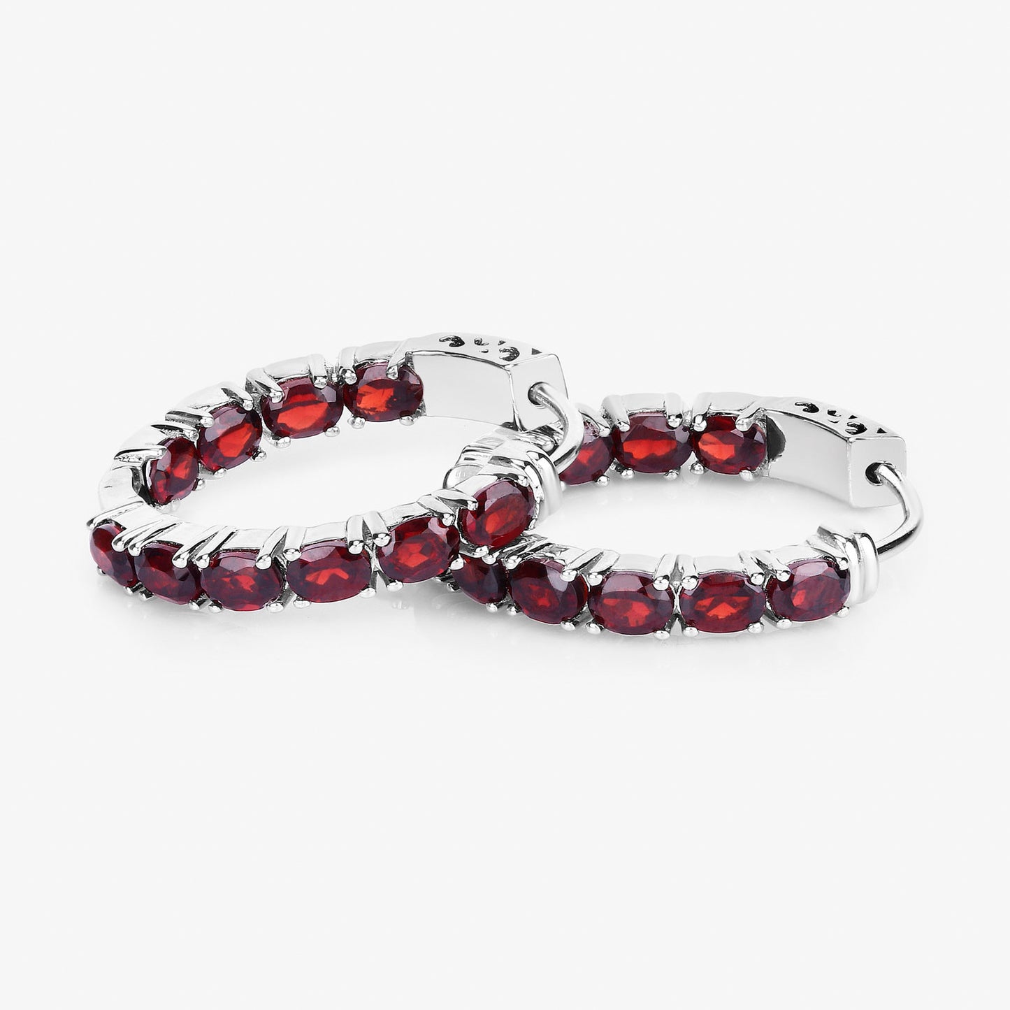Garnet Hoop Earrings 4 Carats Rhodium Plated Silver