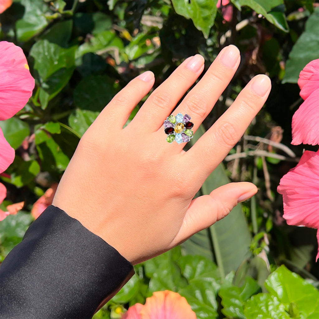 Natural Mixed Gemstones Ring 5.06 Carats Sterling Silver