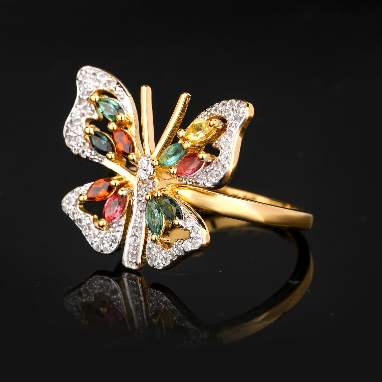 Natural Multicolor Tourmaline Butterfly Ring 1.39 Carats Gold Plated Silver