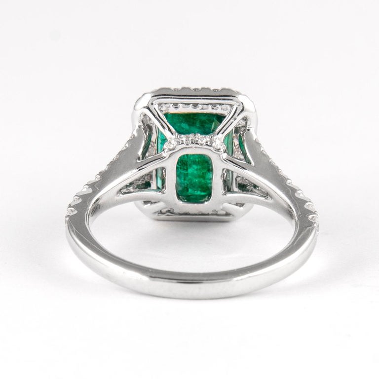 Emerald Ring Diamond Halo Setting 3.2 Carats 18K White Gold