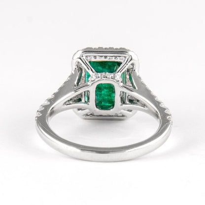 Emerald Ring Diamond Halo Setting 3.2 Carats 18K White Gold