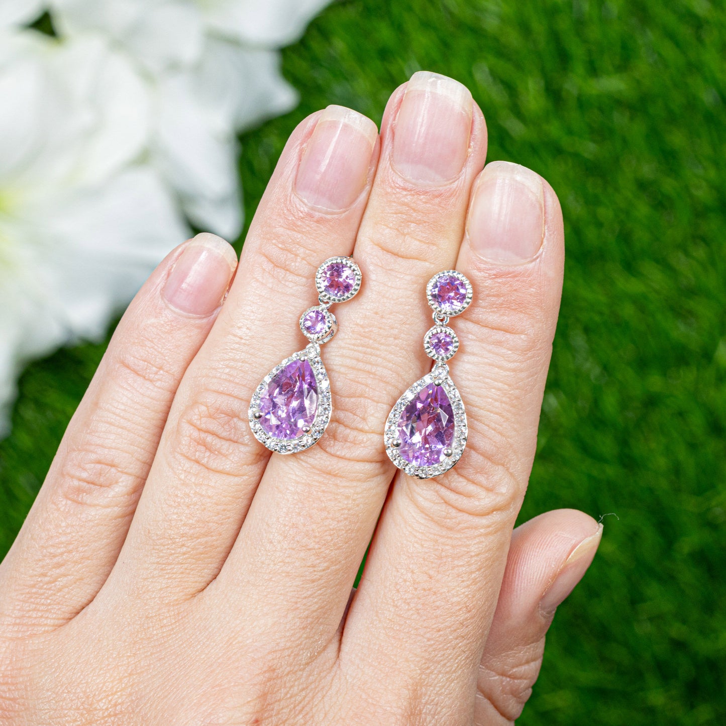 Pink Amethyst Earrings White Topaz Setting 7.14 Carats Total