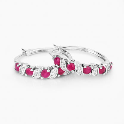 Ruby Hoop Earrings With White Topaz 1.36 Carats Sterling Silver