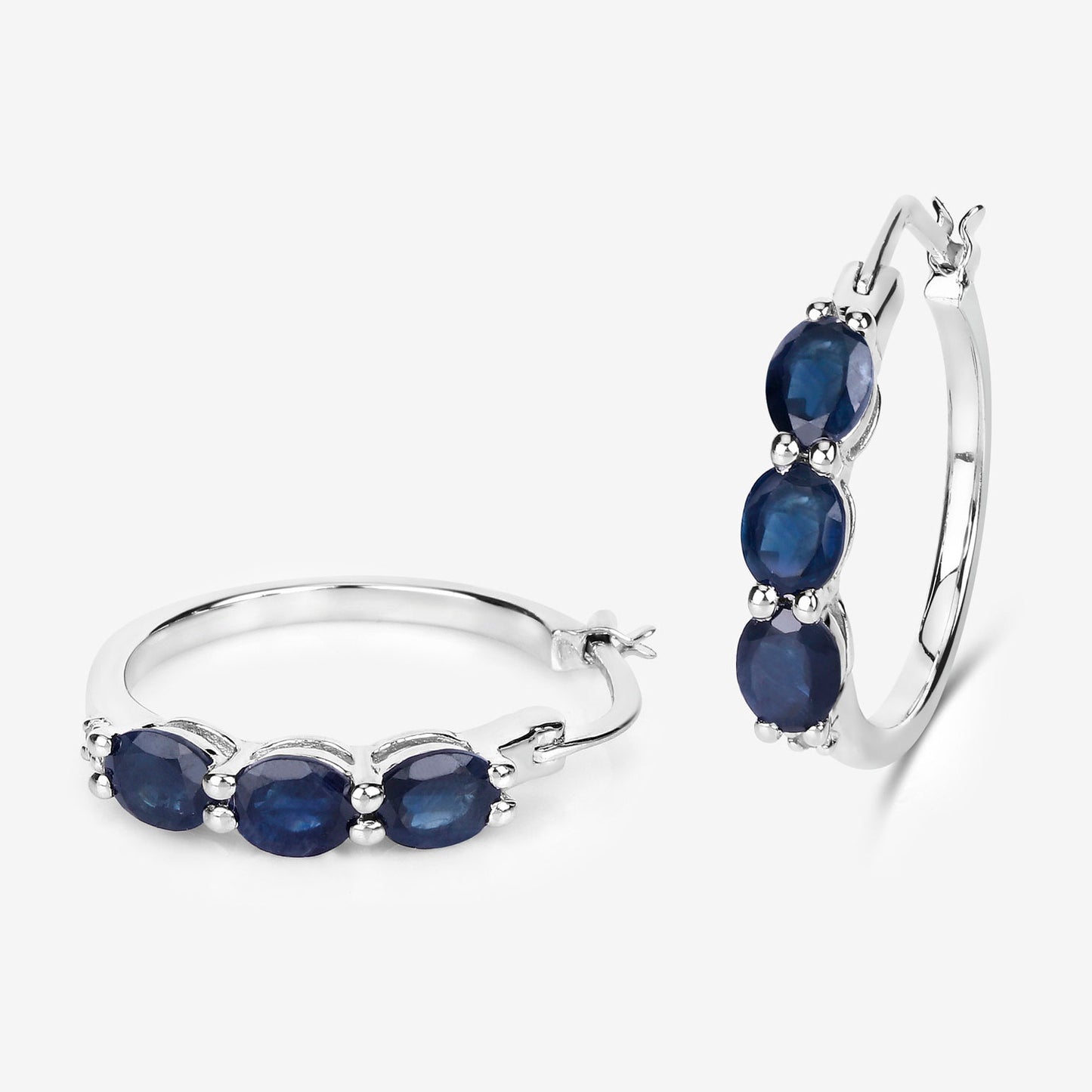 Blue Sapphire Hoop Earrings With Diamonds 2.02 Carats Sterling Silver