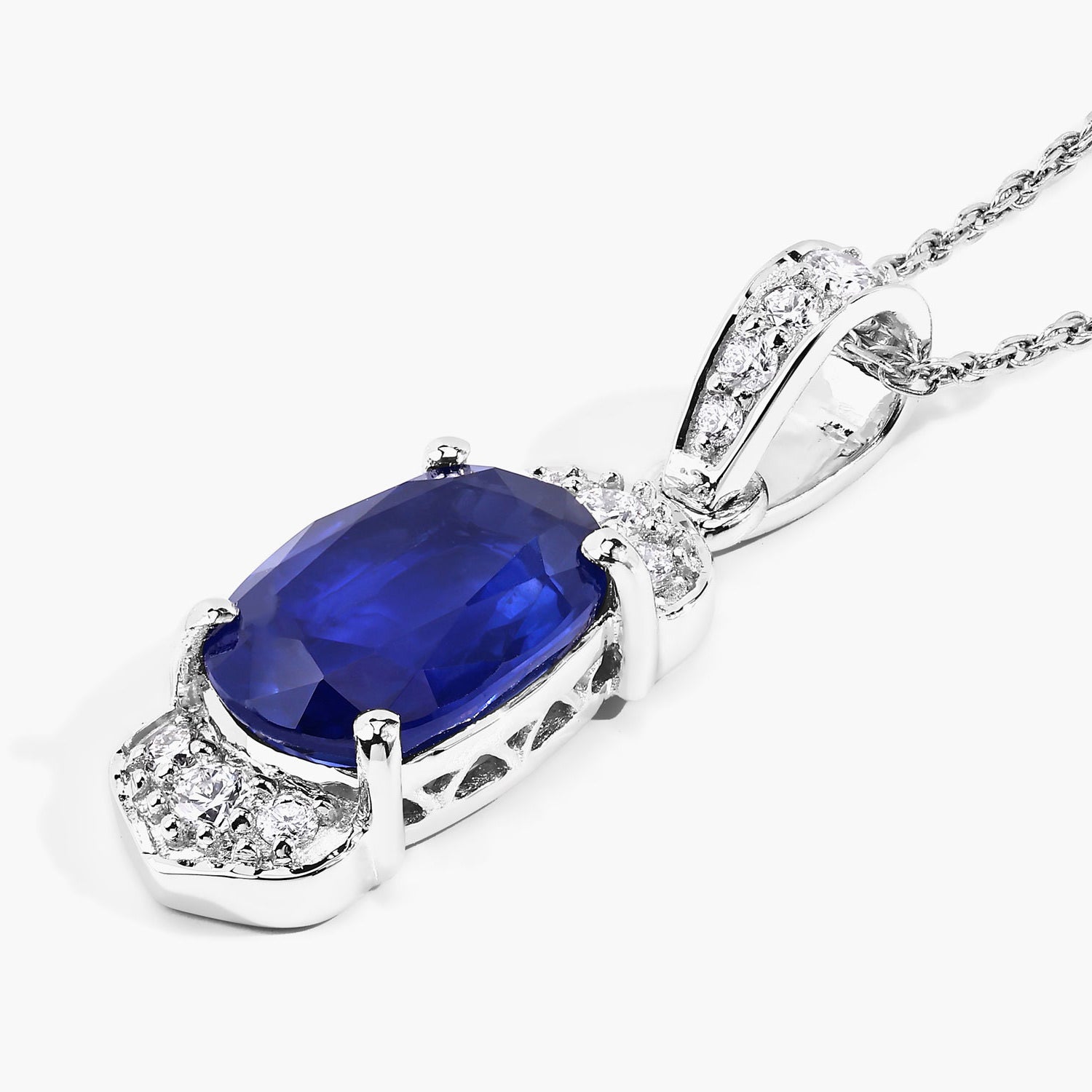 Blue Sapphire Pendant With Diamonds 2.42 Carats 18K White Gold