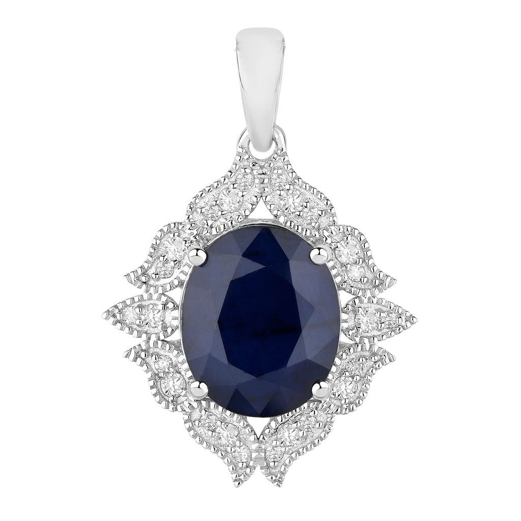 Blue Sapphire Pendant With Diamonds 6.4 Carats 14K White Gold