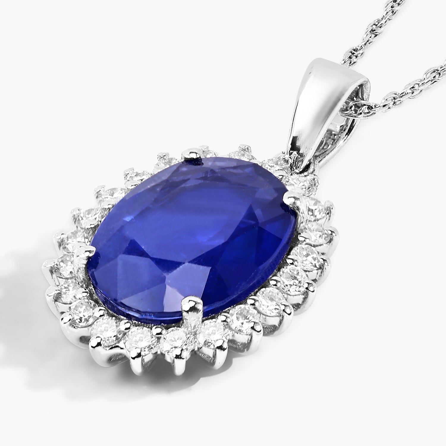 Blue Sapphire Pendant With Diamonds 3.3 Carats 18K White Gold