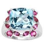 Blue Topaz Ring With Rhodolite Garnet 8.14 Carats Sterling Silver