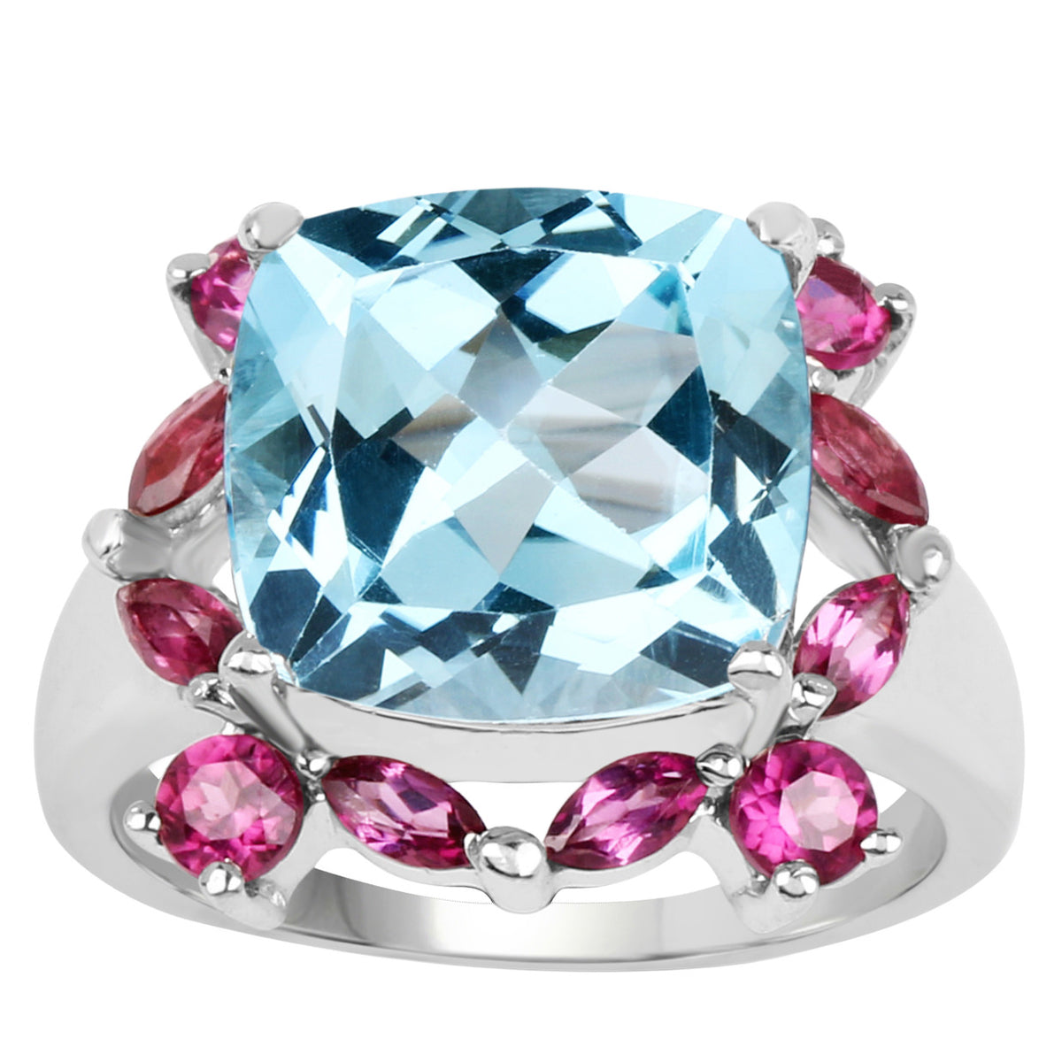 Blue Topaz Ring With Rhodolite Garnet 8.14 Carats Sterling Silver