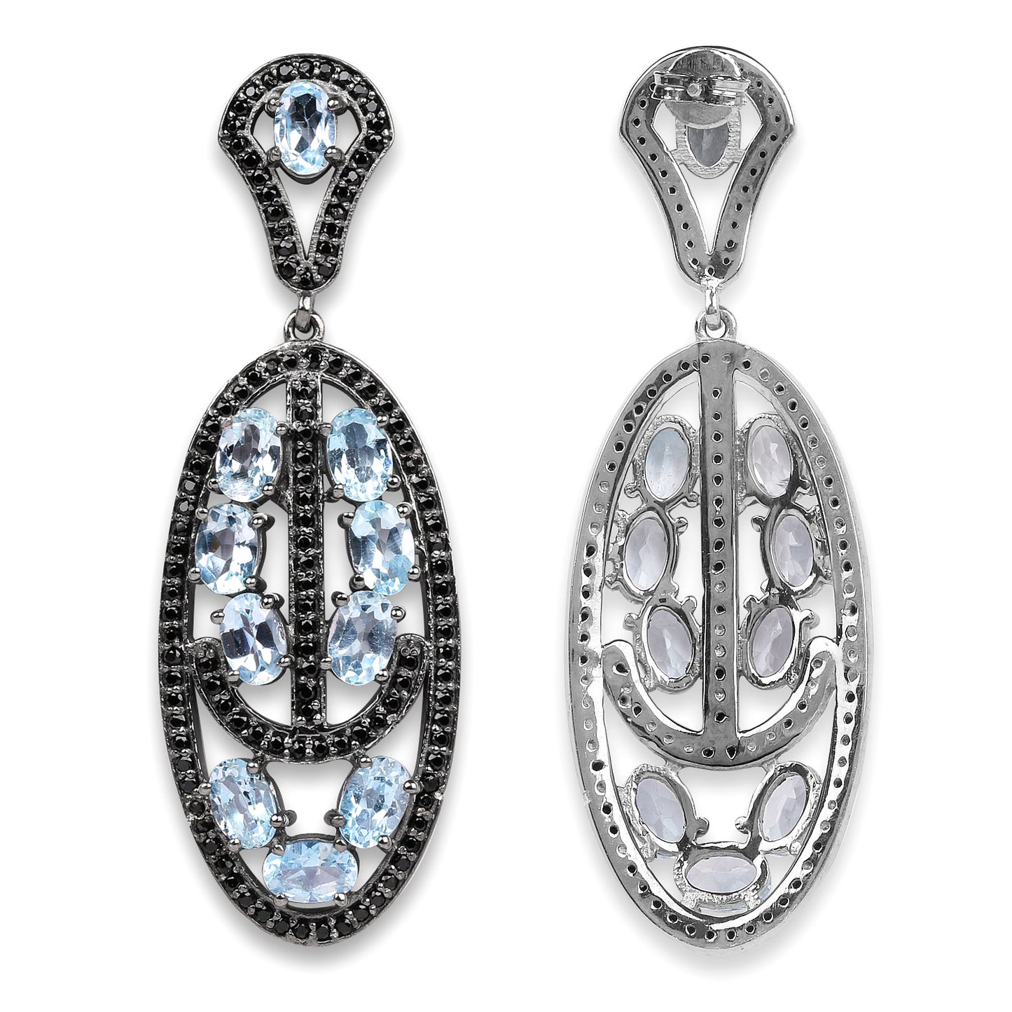 Blue Topaz Dangle Earrings With Black Spinels 13.9 Carats Rhodium Plated Silver