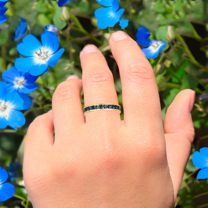 Natural Blue Sapphire Eternity Band Ring 2.86 Carats Gold Plated Silver