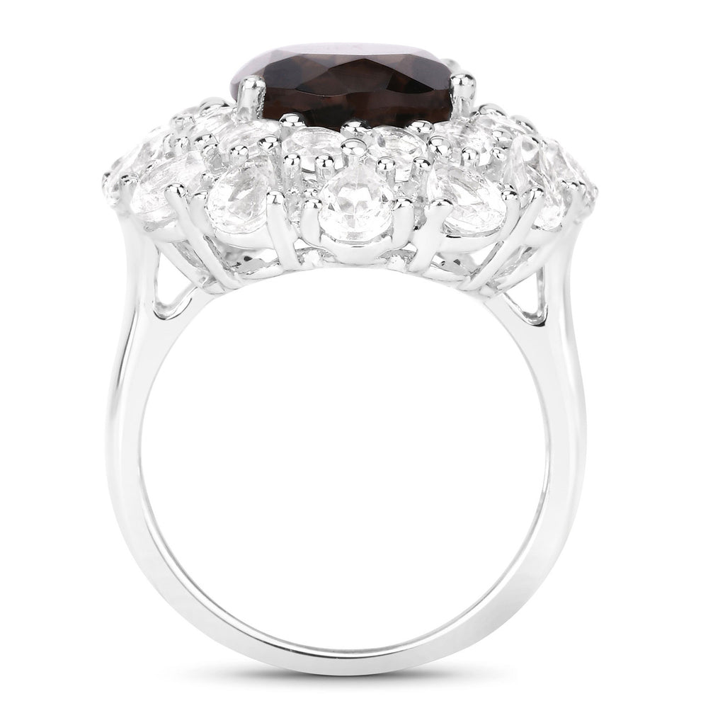 Smoky Quartz Ring With White Topaz 9.22 Carats Sterling Silver