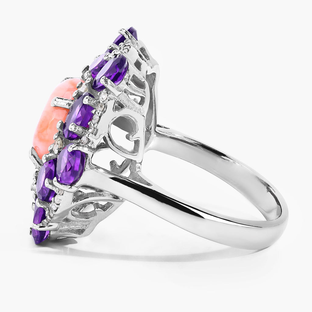 Pink Coral Ring With Amethyst 6.08 Carats Sterling Silver