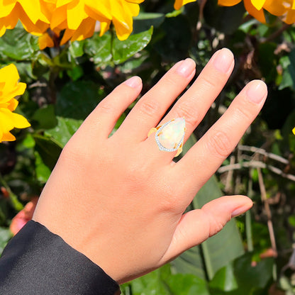 Natural Opal Cocktail Ring Diamond Halo 7.86 Carats 14K Yellow Gold