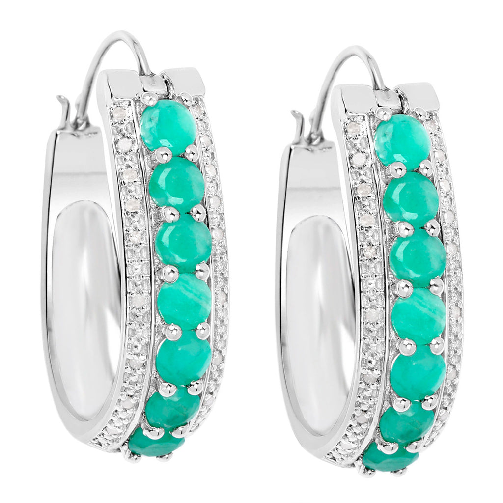 Emerald Hoop Earrings With Diamonds 3.38 Carats Sterling Silver