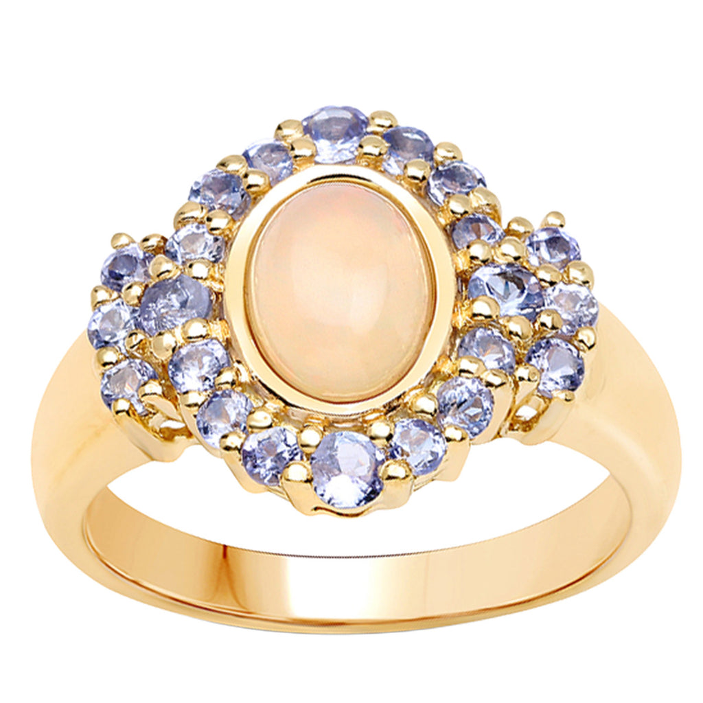 Ethiopian Opal Ring With Tanzanite 1.7 Carats Gold Plated Silver