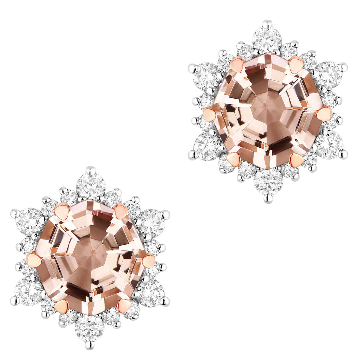 Morganite Stud Earrings With Diamonds 1.3 Carats 14K Rose Gold