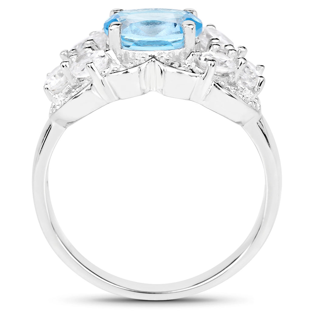 Blue Topaz Ring With White Zircon 3.14 Carats Sterling Silver