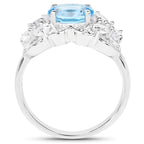 Blue Topaz Ring With White Zircon 3.14 Carats Sterling Silver