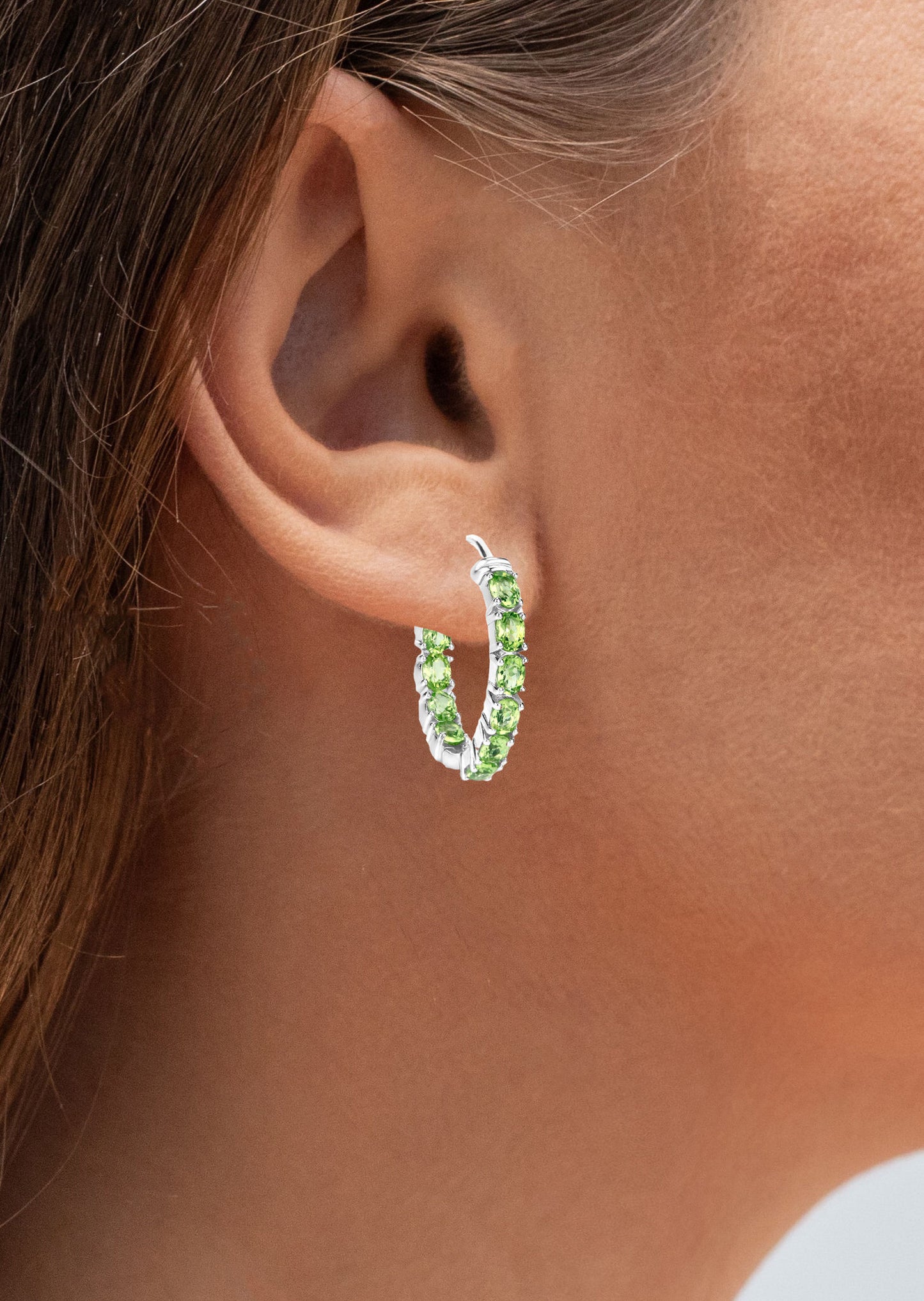 Natural Peridot Hoop Earrings 3.4 Carats Rhodium Plated Silver