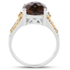 Smoky Quartz Ring With Yellow Diamonds 4.84 Carats Sterling Silver