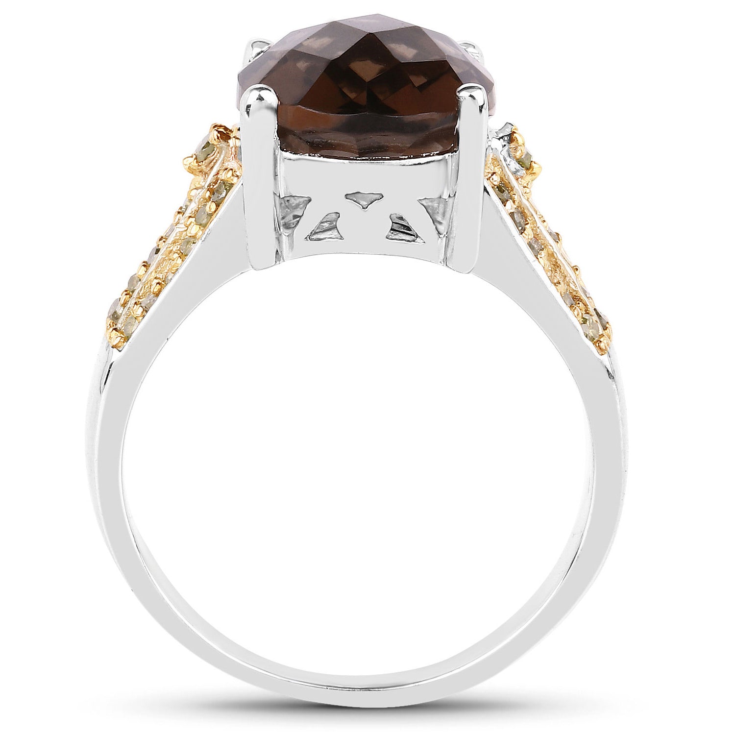Smoky Quartz Ring With Yellow Diamonds 4.84 Carats Sterling Silver