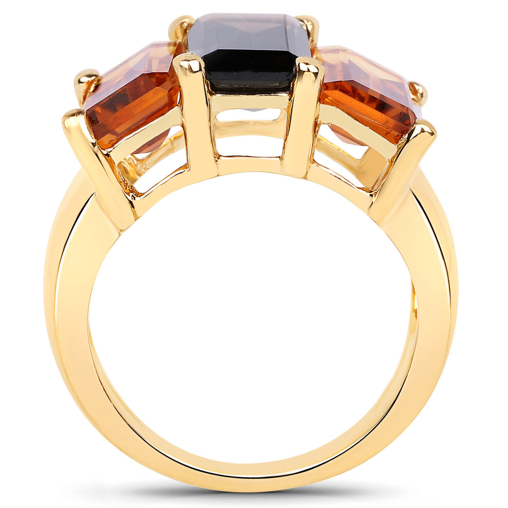 Smoky Quartz Ring With Citrine 8.08 Carats Gold Plated Silver