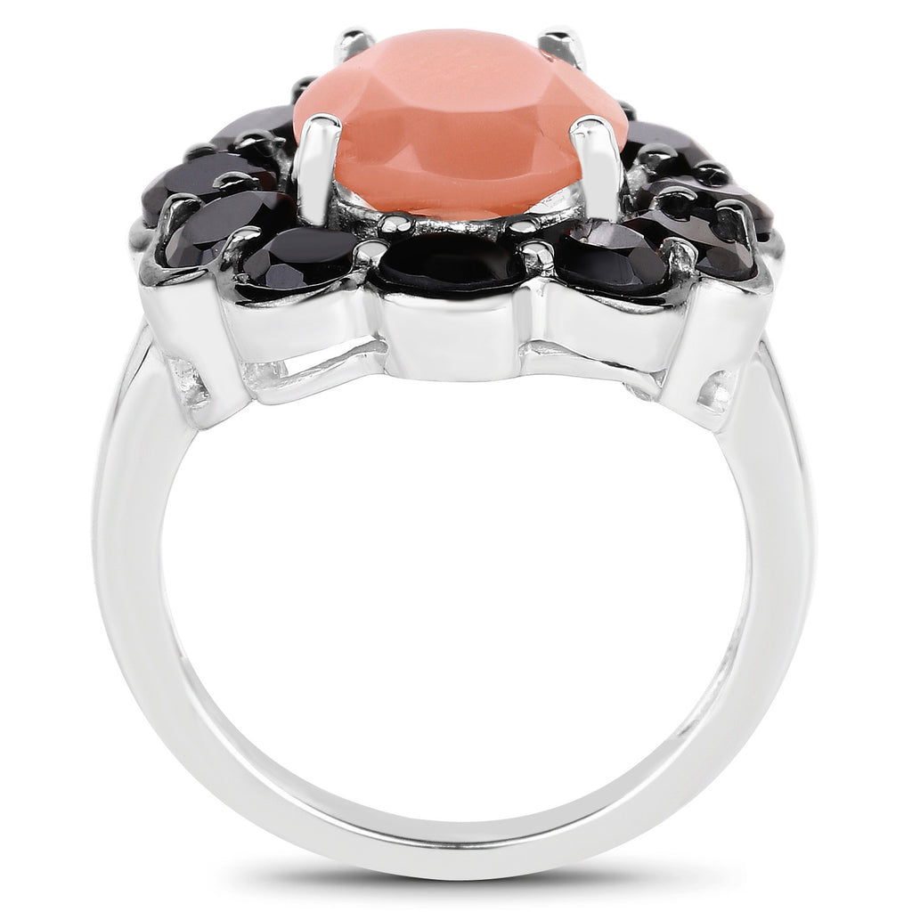 Peach Moonstone Ring With Black Spinel 7.86 Carats Sterling Silver