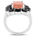 Peach Moonstone Ring With Black Spinel 7.86 Carats Sterling Silver