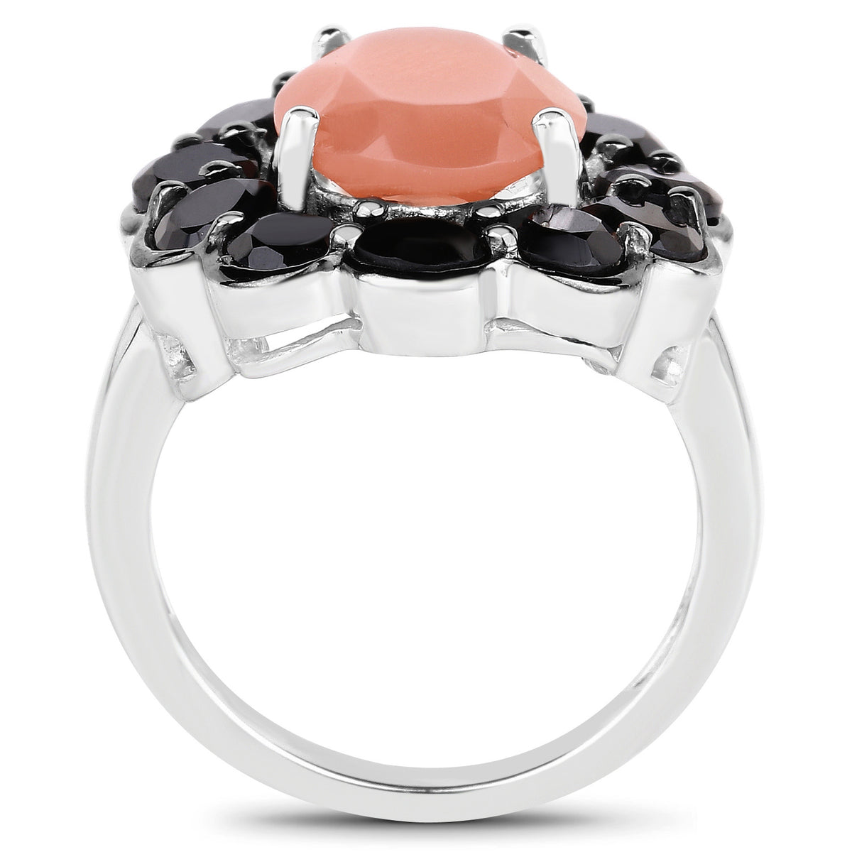 Peach Moonstone Ring With Black Spinel 7.86 Carats Sterling Silver