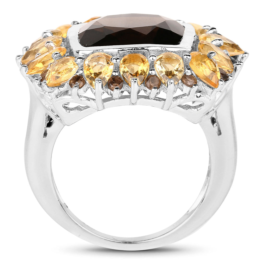 Smoky Quartz Ring With Citrine 9.1 Carats Sterling Silver