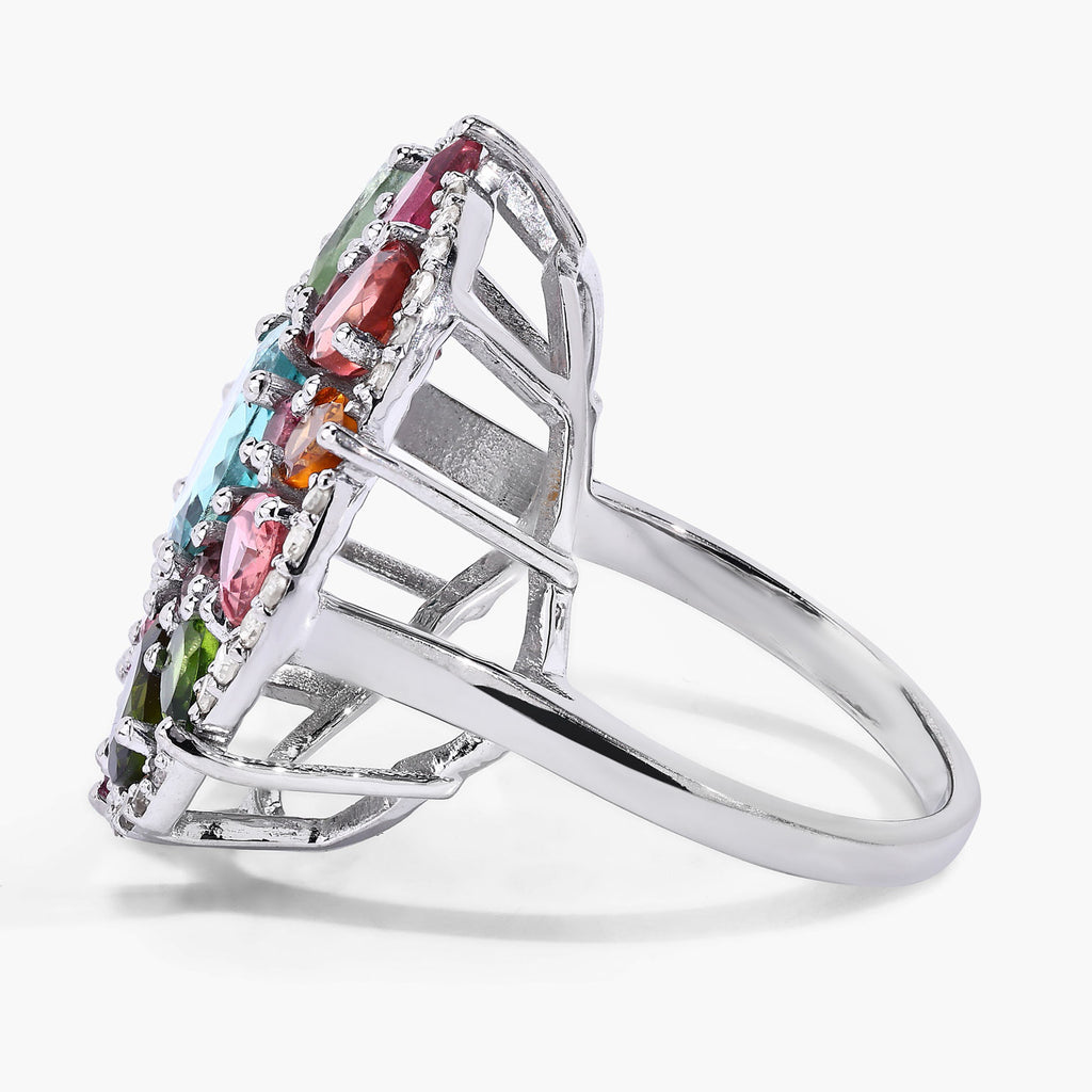 Multicolor Tourmaline Ring With Diamonds 5.1 Carats Sterling Silver