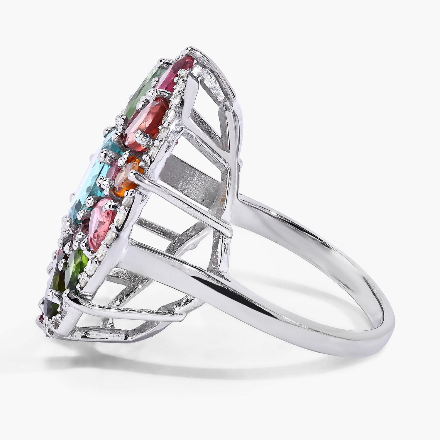 Multicolor Tourmaline Ring With Diamonds 5.1 Carats Sterling Silver