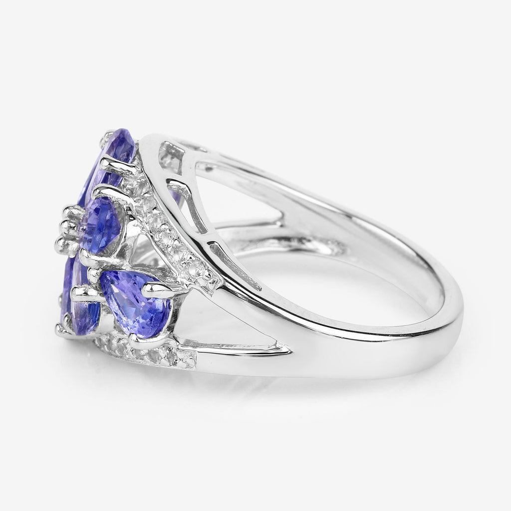 Tanzanite Flower Ring With White Topaz 3.18 Carats Sterling Silver