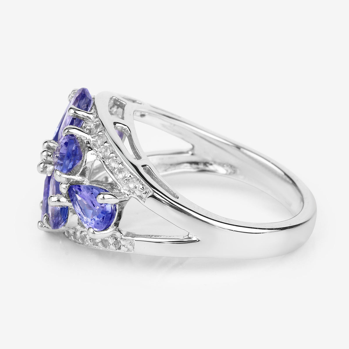 Tanzanite Flower Ring With White Topaz 3.18 Carats Sterling Silver