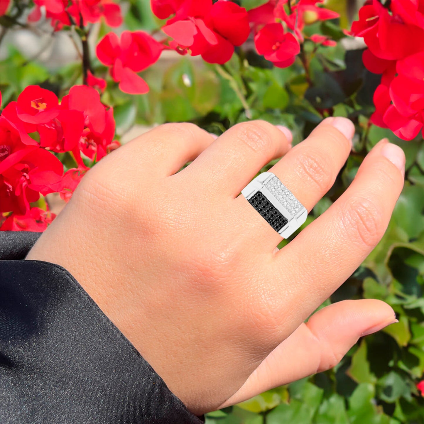 Diamond Cluster Ring Black White Sterling Silver